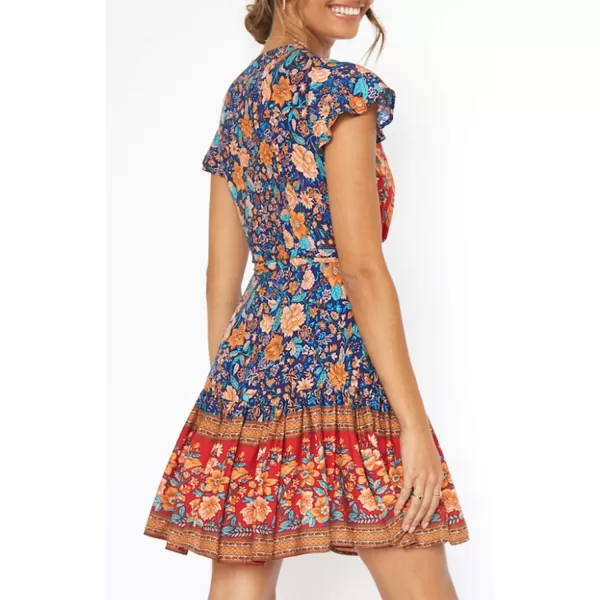 imageZESICA Womens 2024 Summer Wrap V Neck Bohemian Floral Print Ruffle Swing A Line Beach Mini DressRoyal Blue