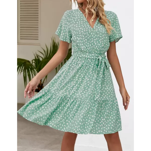 imageZESICA Womens 2024 Summer Wrap V Neck Bohemian Floral Print Ruffle Swing A Line Beach Mini DressSage