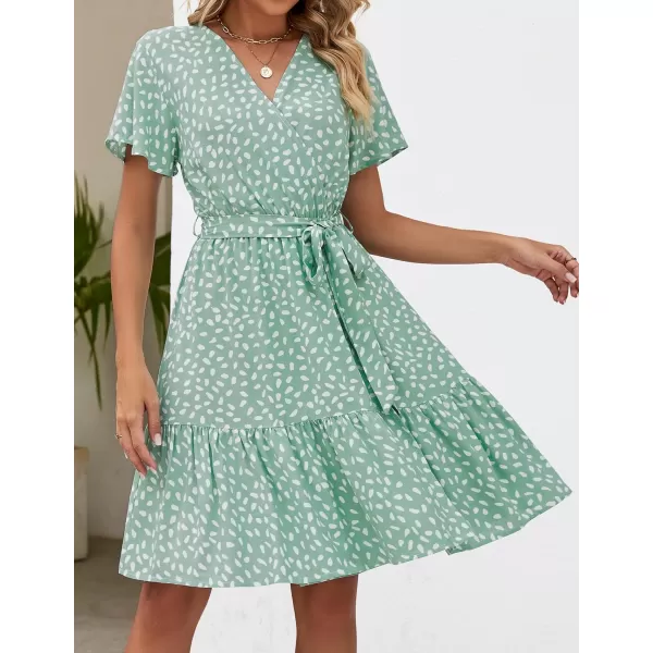imageZESICA Womens 2024 Summer Wrap V Neck Bohemian Floral Print Ruffle Swing A Line Beach Mini DressSage