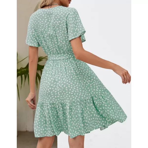 imageZESICA Womens 2024 Summer Wrap V Neck Bohemian Floral Print Ruffle Swing A Line Beach Mini DressSage