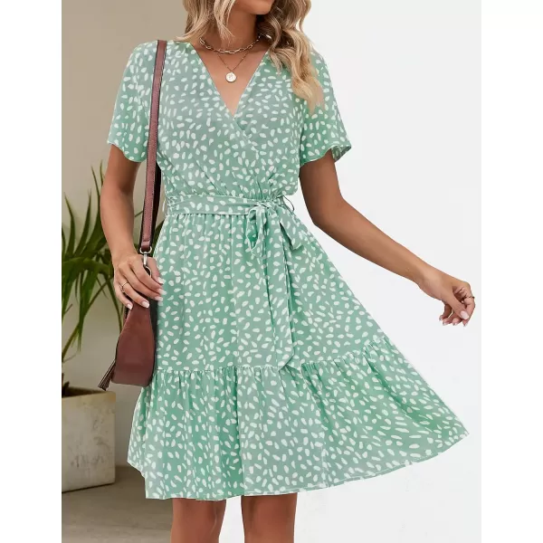 imageZESICA Womens 2024 Summer Wrap V Neck Bohemian Floral Print Ruffle Swing A Line Beach Mini DressSage