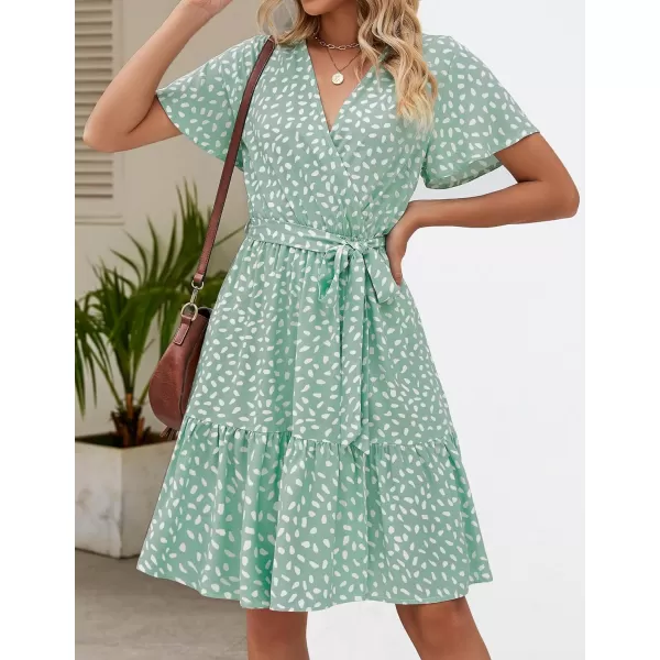imageZESICA Womens 2024 Summer Wrap V Neck Bohemian Floral Print Ruffle Swing A Line Beach Mini DressSage