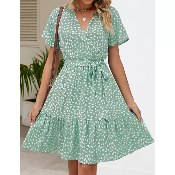 imageZESICA Womens 2024 Summer Wrap V Neck Bohemian Floral Print Ruffle Swing A Line Beach Mini DressSage