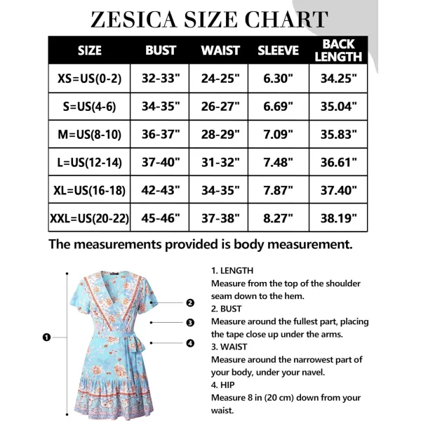 imageZESICA Womens 2024 Summer Wrap V Neck Bohemian Floral Print Ruffle Swing A Line Beach Mini DressSkyblue