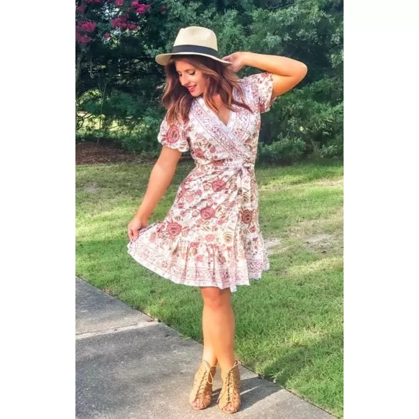 imageZESICA Womens 2024 Summer Wrap V Neck Bohemian Floral Print Ruffle Swing A Line Beach Mini DressWhite