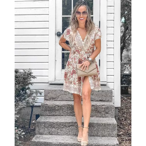imageZESICA Womens 2024 Summer Wrap V Neck Bohemian Floral Print Ruffle Swing A Line Beach Mini DressWhite