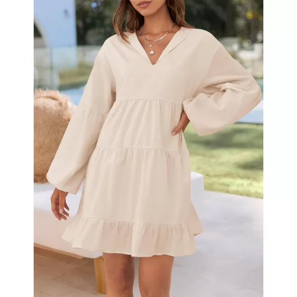 imageZESICA Womens 2024 Tunic Mini Dress Casual Long Sleeve V Neck Ruffle Tiered Loose Flowy Swing Short DressesApricot