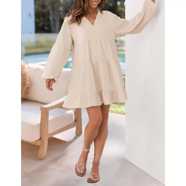 imageZESICA Womens 2024 Tunic Mini Dress Casual Long Sleeve V Neck Ruffle Tiered Loose Flowy Swing Short DressesApricot