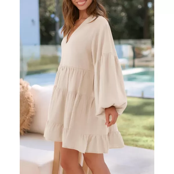 imageZESICA Womens 2024 Tunic Mini Dress Casual Long Sleeve V Neck Ruffle Tiered Loose Flowy Swing Short DressesApricot