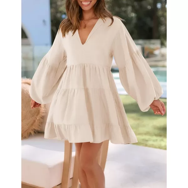 imageZESICA Womens 2024 Tunic Mini Dress Casual Long Sleeve V Neck Ruffle Tiered Loose Flowy Swing Short DressesApricot