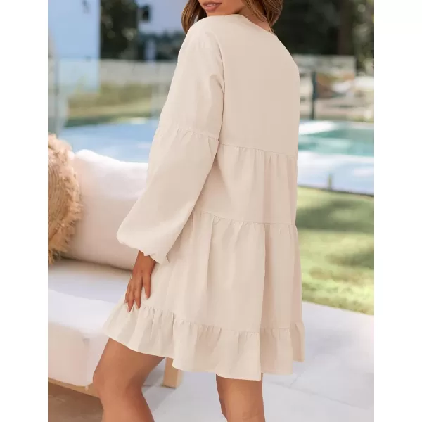 imageZESICA Womens 2024 Tunic Mini Dress Casual Long Sleeve V Neck Ruffle Tiered Loose Flowy Swing Short DressesApricot