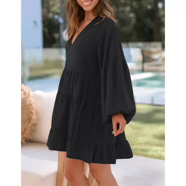 imageZESICA Womens 2024 Tunic Mini Dress Casual Long Sleeve V Neck Ruffle Tiered Loose Flowy Swing Short DressesBlack
