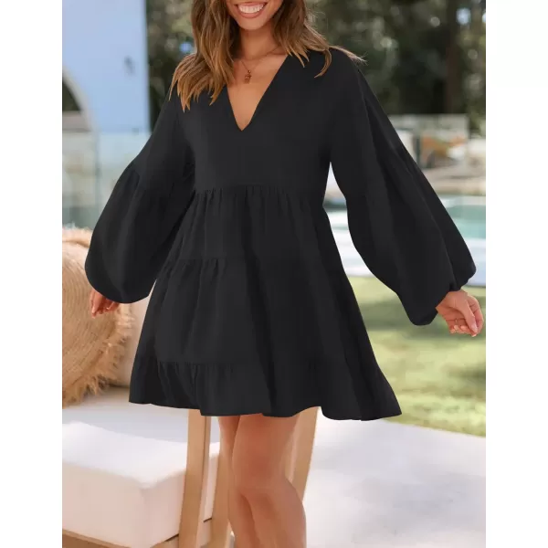 imageZESICA Womens 2024 Tunic Mini Dress Casual Long Sleeve V Neck Ruffle Tiered Loose Flowy Swing Short DressesBlack