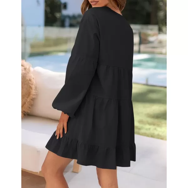 imageZESICA Womens 2024 Tunic Mini Dress Casual Long Sleeve V Neck Ruffle Tiered Loose Flowy Swing Short DressesBlack