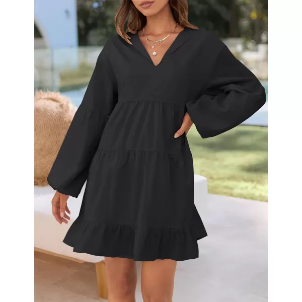 imageZESICA Womens 2024 Tunic Mini Dress Casual Long Sleeve V Neck Ruffle Tiered Loose Flowy Swing Short DressesBlack