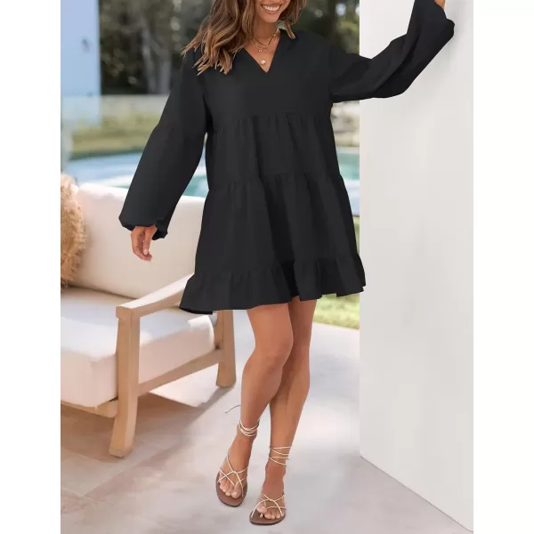 imageZESICA Womens 2024 Tunic Mini Dress Casual Long Sleeve V Neck Ruffle Tiered Loose Flowy Swing Short DressesBlack