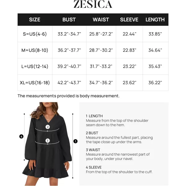 imageZESICA Womens 2024 Tunic Mini Dress Casual Long Sleeve V Neck Ruffle Tiered Loose Flowy Swing Short DressesBlack
