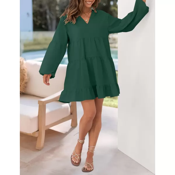 imageZESICA Womens 2024 Tunic Mini Dress Casual Long Sleeve V Neck Ruffle Tiered Loose Flowy Swing Short DressesDark Green