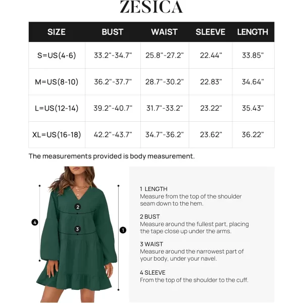 imageZESICA Womens 2024 Tunic Mini Dress Casual Long Sleeve V Neck Ruffle Tiered Loose Flowy Swing Short DressesDark Green