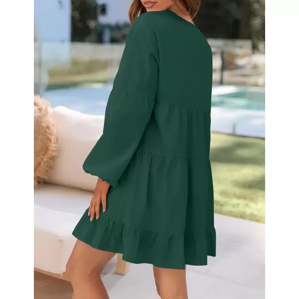 imageZESICA Womens 2024 Tunic Mini Dress Casual Long Sleeve V Neck Ruffle Tiered Loose Flowy Swing Short DressesDark Green