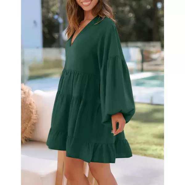 imageZESICA Womens 2024 Tunic Mini Dress Casual Long Sleeve V Neck Ruffle Tiered Loose Flowy Swing Short DressesDark Green
