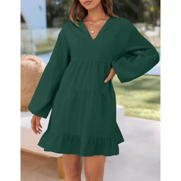 imageZESICA Womens 2024 Tunic Mini Dress Casual Long Sleeve V Neck Ruffle Tiered Loose Flowy Swing Short DressesDark Green