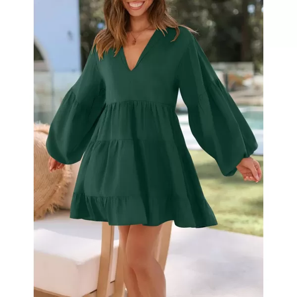 imageZESICA Womens 2024 Tunic Mini Dress Casual Long Sleeve V Neck Ruffle Tiered Loose Flowy Swing Short DressesDark Green