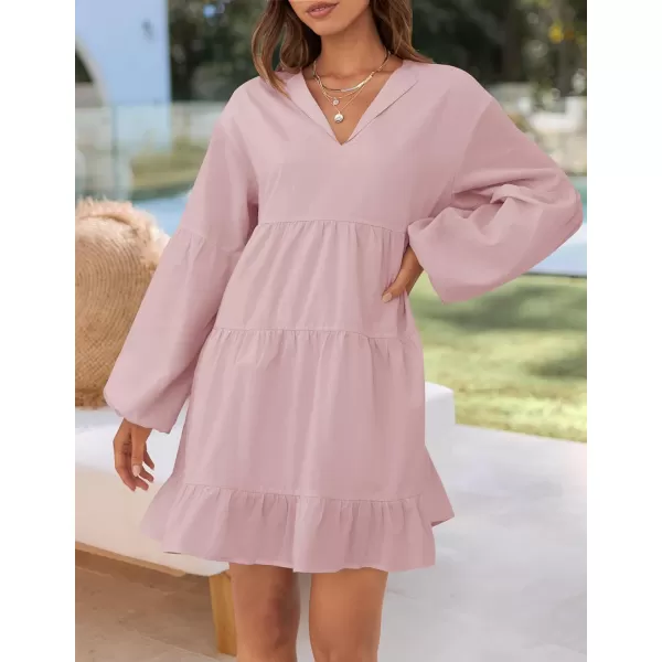 imageZESICA Womens 2024 Tunic Mini Dress Casual Long Sleeve V Neck Ruffle Tiered Loose Flowy Swing Short DressesDusty Pink