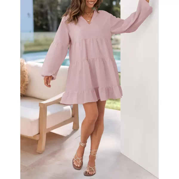 imageZESICA Womens 2024 Tunic Mini Dress Casual Long Sleeve V Neck Ruffle Tiered Loose Flowy Swing Short DressesDusty Pink