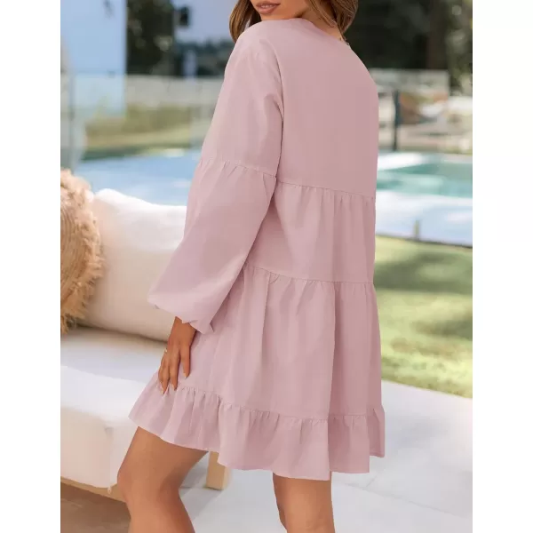 imageZESICA Womens 2024 Tunic Mini Dress Casual Long Sleeve V Neck Ruffle Tiered Loose Flowy Swing Short DressesDusty Pink