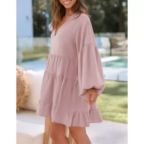 imageZESICA Womens 2024 Tunic Mini Dress Casual Long Sleeve V Neck Ruffle Tiered Loose Flowy Swing Short DressesDusty Pink