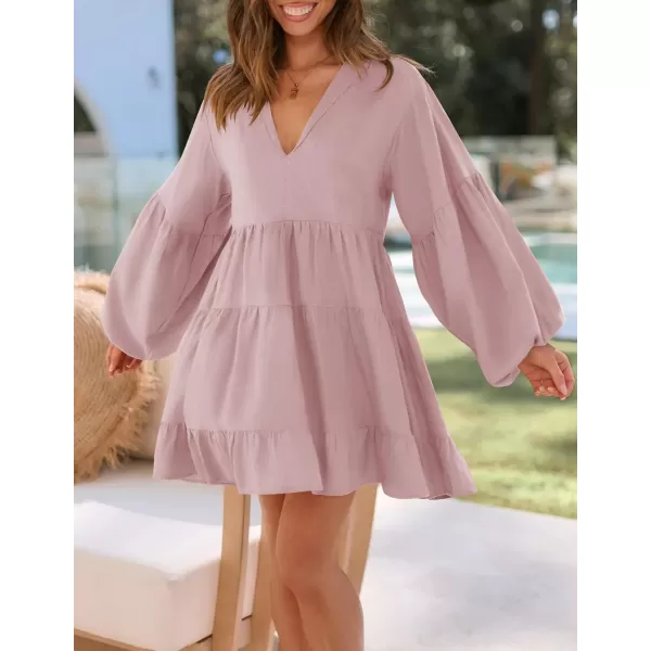 imageZESICA Womens 2024 Tunic Mini Dress Casual Long Sleeve V Neck Ruffle Tiered Loose Flowy Swing Short DressesDusty Pink
