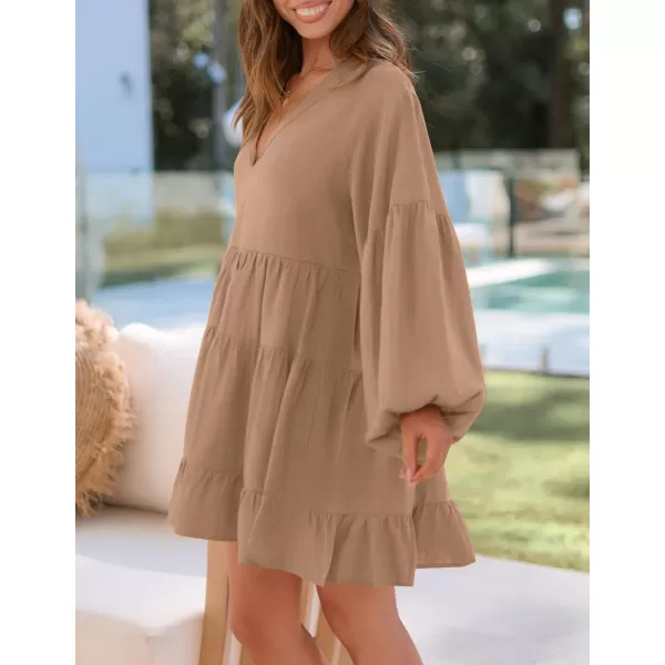imageZESICA Womens 2024 Tunic Mini Dress Casual Long Sleeve V Neck Ruffle Tiered Loose Flowy Swing Short DressesKhaki