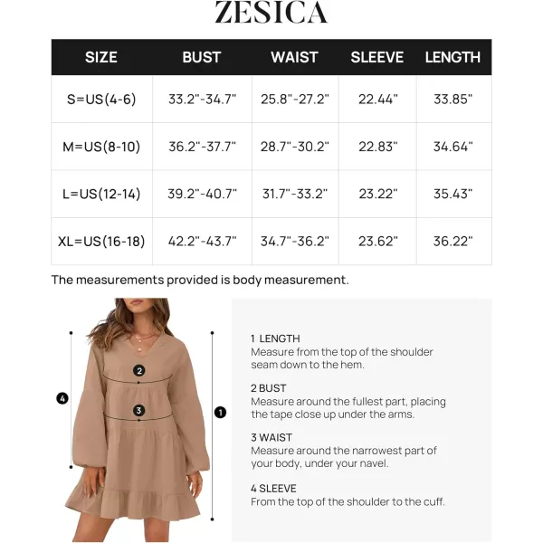 imageZESICA Womens 2024 Tunic Mini Dress Casual Long Sleeve V Neck Ruffle Tiered Loose Flowy Swing Short DressesKhaki