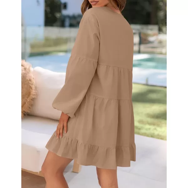 imageZESICA Womens 2024 Tunic Mini Dress Casual Long Sleeve V Neck Ruffle Tiered Loose Flowy Swing Short DressesKhaki