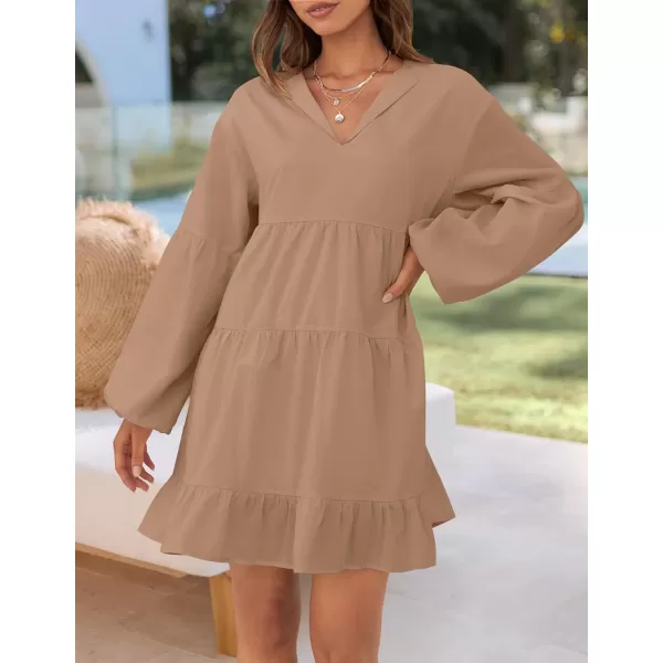 imageZESICA Womens 2024 Tunic Mini Dress Casual Long Sleeve V Neck Ruffle Tiered Loose Flowy Swing Short DressesKhaki