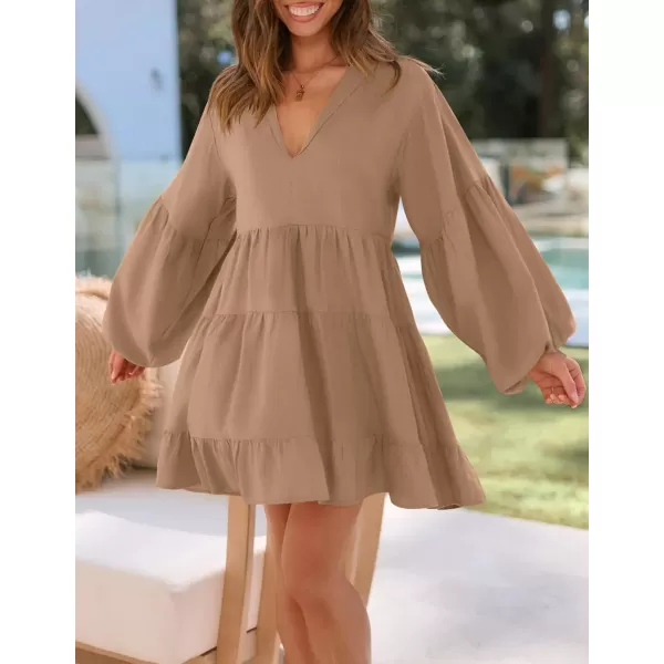 imageZESICA Womens 2024 Tunic Mini Dress Casual Long Sleeve V Neck Ruffle Tiered Loose Flowy Swing Short DressesKhaki