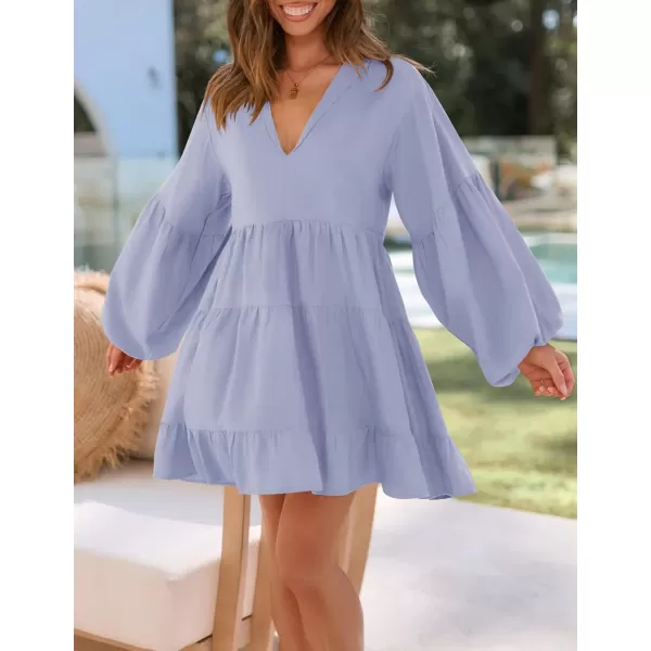 imageZESICA Womens 2024 Tunic Mini Dress Casual Long Sleeve V Neck Ruffle Tiered Loose Flowy Swing Short DressesLight Blue