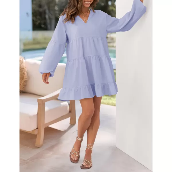 imageZESICA Womens 2024 Tunic Mini Dress Casual Long Sleeve V Neck Ruffle Tiered Loose Flowy Swing Short DressesLight Blue