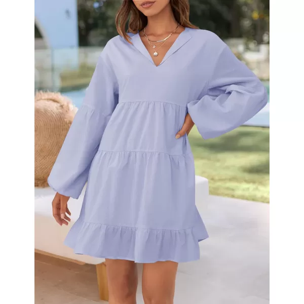 imageZESICA Womens 2024 Tunic Mini Dress Casual Long Sleeve V Neck Ruffle Tiered Loose Flowy Swing Short DressesLight Blue