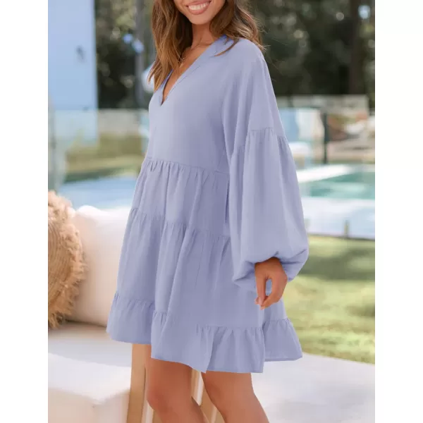 imageZESICA Womens 2024 Tunic Mini Dress Casual Long Sleeve V Neck Ruffle Tiered Loose Flowy Swing Short DressesLight Blue
