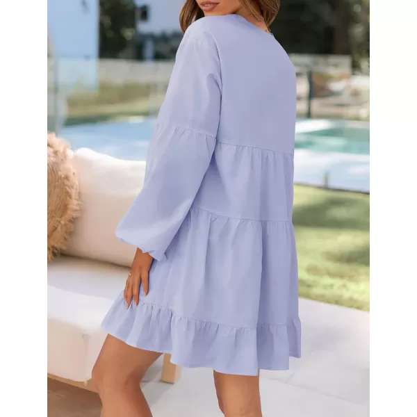 imageZESICA Womens 2024 Tunic Mini Dress Casual Long Sleeve V Neck Ruffle Tiered Loose Flowy Swing Short DressesLight Blue