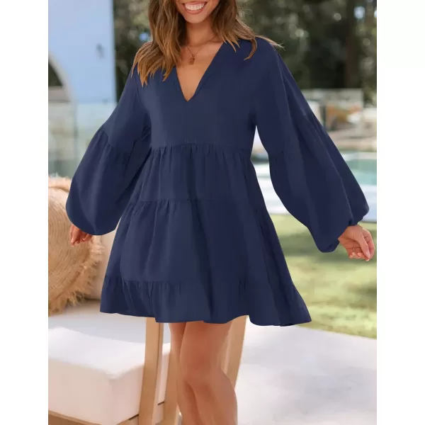 imageZESICA Womens 2024 Tunic Mini Dress Casual Long Sleeve V Neck Ruffle Tiered Loose Flowy Swing Short DressesNavy
