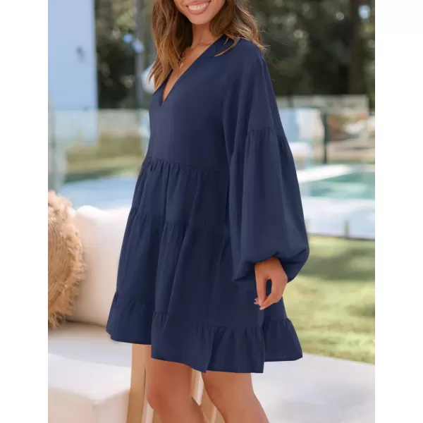 imageZESICA Womens 2024 Tunic Mini Dress Casual Long Sleeve V Neck Ruffle Tiered Loose Flowy Swing Short DressesNavy