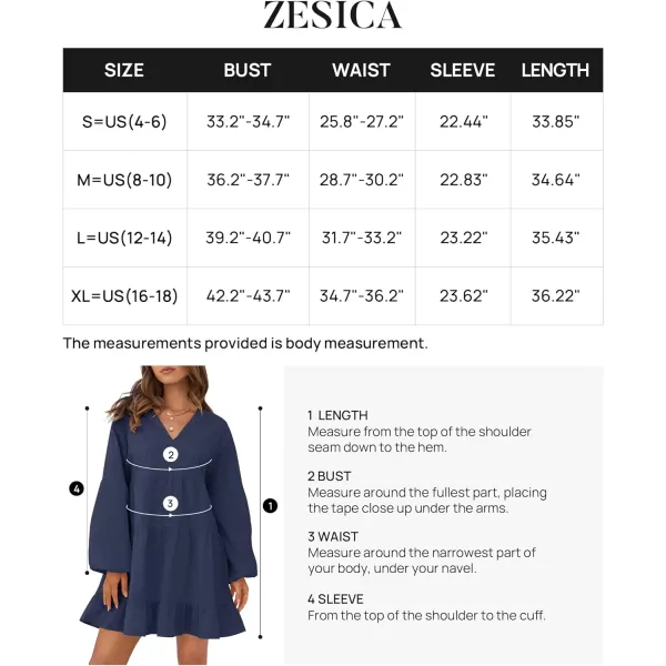 imageZESICA Womens 2024 Tunic Mini Dress Casual Long Sleeve V Neck Ruffle Tiered Loose Flowy Swing Short DressesNavy