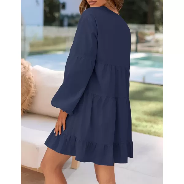 imageZESICA Womens 2024 Tunic Mini Dress Casual Long Sleeve V Neck Ruffle Tiered Loose Flowy Swing Short DressesNavy