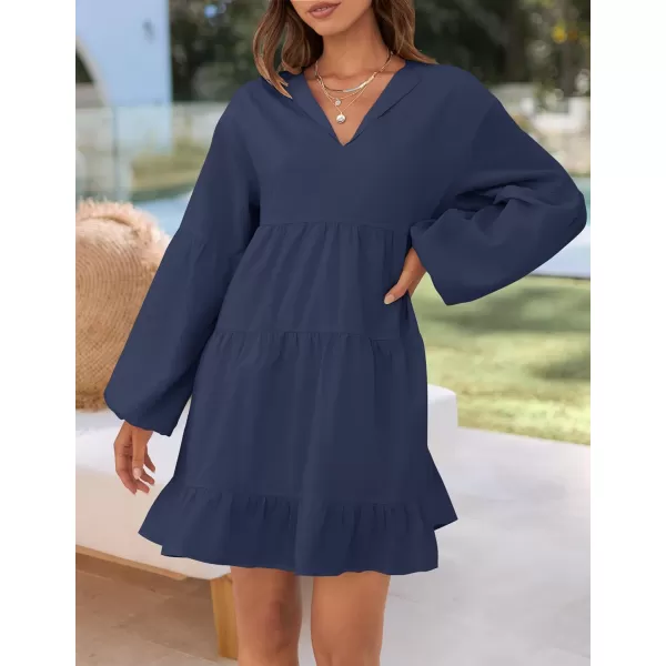 imageZESICA Womens 2024 Tunic Mini Dress Casual Long Sleeve V Neck Ruffle Tiered Loose Flowy Swing Short DressesNavy