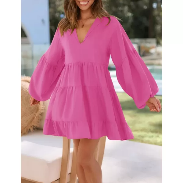 imageZESICA Womens 2024 Tunic Mini Dress Casual Long Sleeve V Neck Ruffle Tiered Loose Flowy Swing Short DressesRose