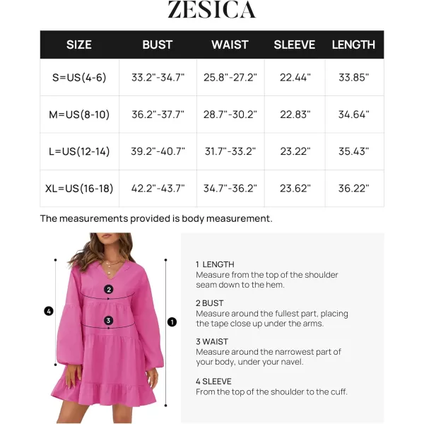 imageZESICA Womens 2024 Tunic Mini Dress Casual Long Sleeve V Neck Ruffle Tiered Loose Flowy Swing Short DressesRose