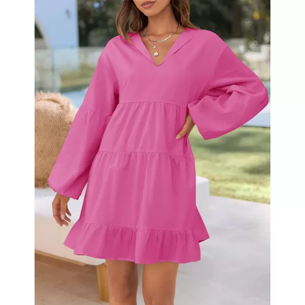 imageZESICA Womens 2024 Tunic Mini Dress Casual Long Sleeve V Neck Ruffle Tiered Loose Flowy Swing Short DressesRose
